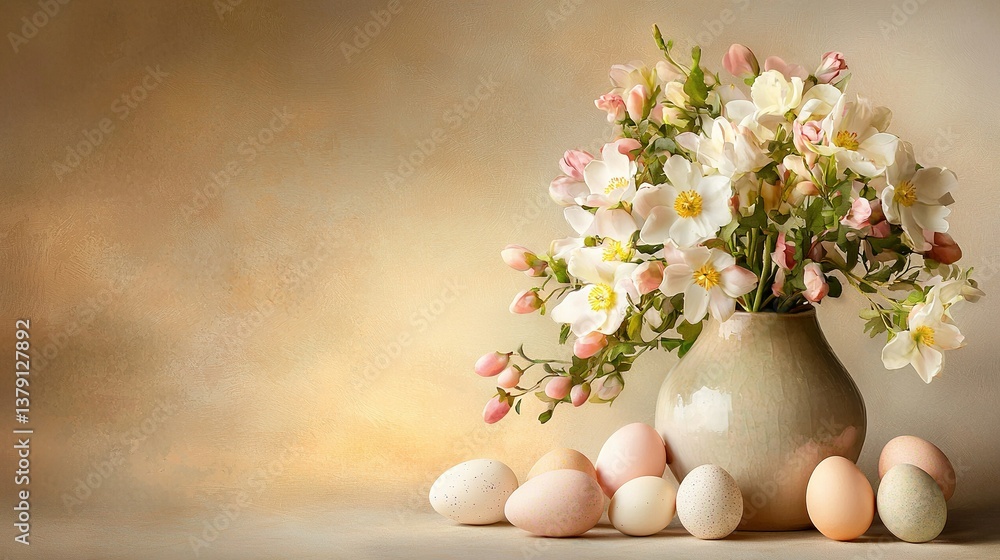 A vase of mixed flowers and eggs sits beside a vase of white and pink flowers and eggs on the table A vase of mixed flowers and eggs sits beside a vase of white and pink flowers and eggs on the table