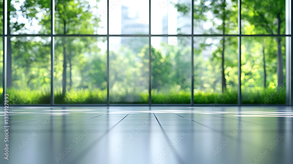 Blurred empty modern open space office with large windows and green trees on the outside, environment friendly business background Blurred empty modern open space office with large windows and green trees on the outside, environment friendly business background