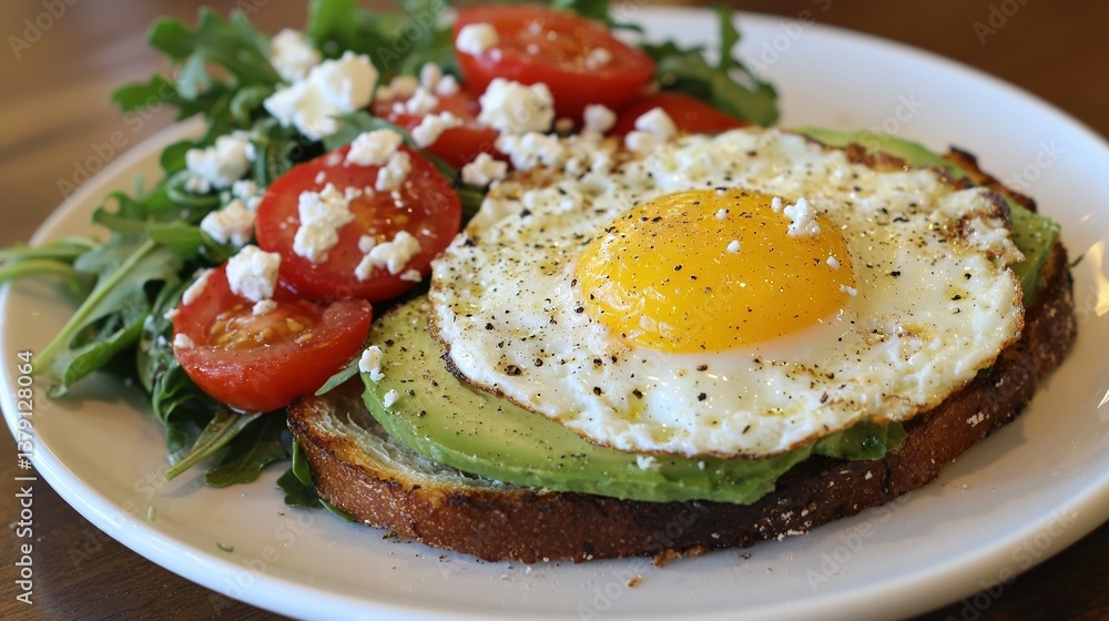 An egg and avocado sandwich with tomatoes and lettuce on a white plate on a wooden table An egg and avocado sandwich with tomatoes and lettuce on a white plate on a wooden table