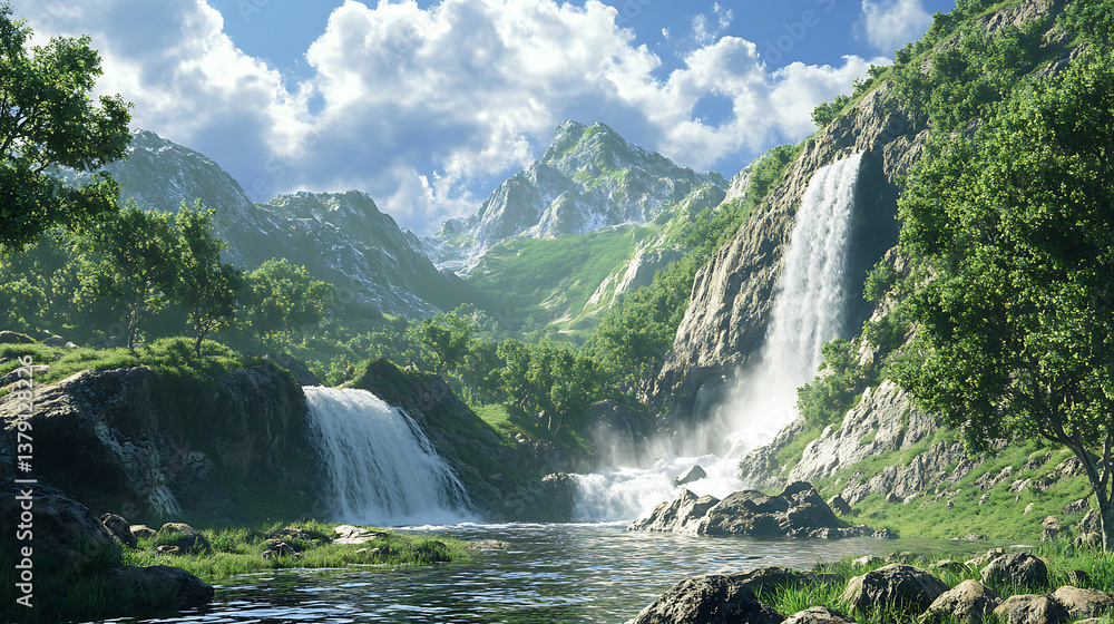 Fototapeta premium Mountain green valley with a waterfall and stormy water that falls from a height and trees, stones under a blue sky 3d illustration