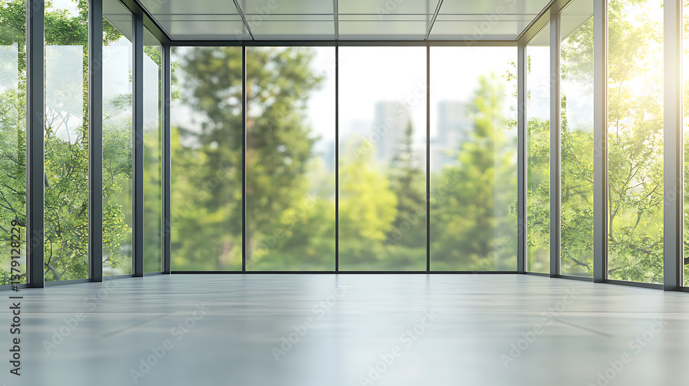 Blurred empty modern open space office with large windows and green trees on the outside, environment friendly business background Blurred empty modern open space office with large windows and green trees on the outside, environment friendly business background