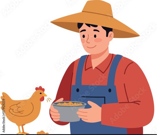 Farmer in straw hat feeding chicken with bowl of grain in flat vector illustration