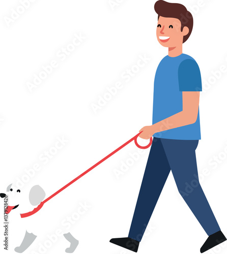 A cheerful man walking a small white dog on a leash in a flat vector illustration