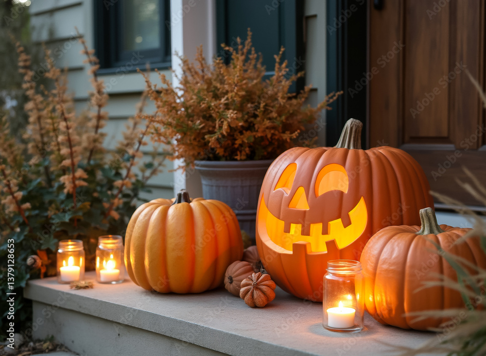 Obraz premium three illuminated pumpkins on a doorstep creating a festive autumn scene