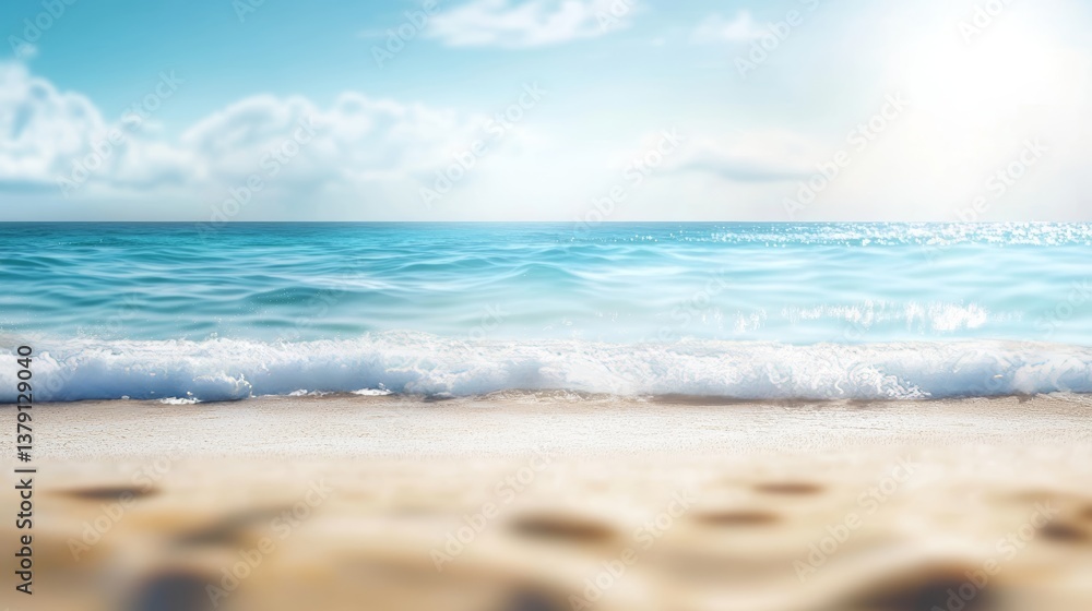 Fototapeta premium Realistic photo of a sandy beach with a softly blurred ocean background for tranquil vibes