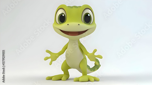 Cartoonish Green Gecko Standing on a White Backdrop With a Playful Facial Expression and Cute Design Elements