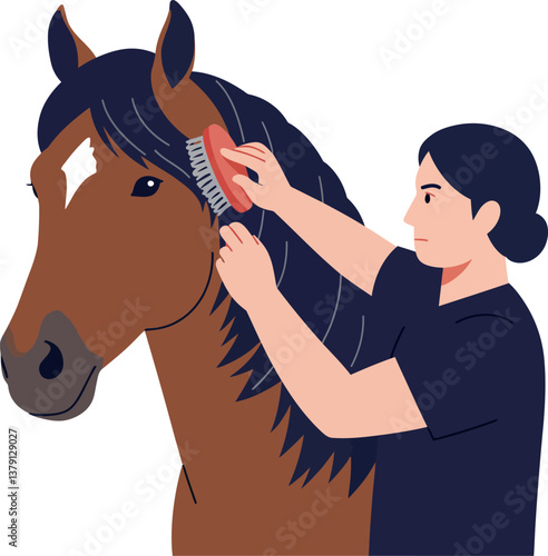 Woman grooming a brown horse with a brush in a minimal vector illustration