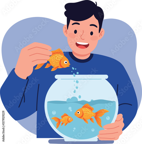 A cheerful man feeding goldfish in a round aquarium, flat vector art