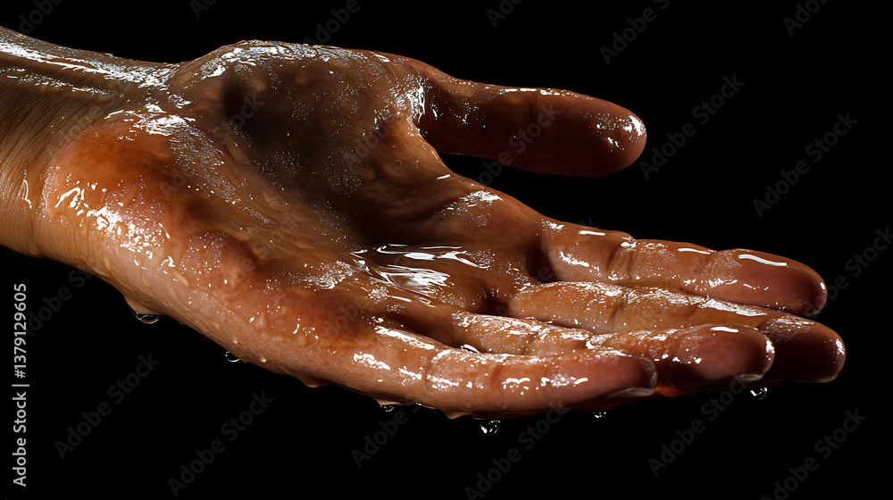 Fototapeta premium Wet hand from sweat syndrome due to hyperhidrosis, isolated on dark background