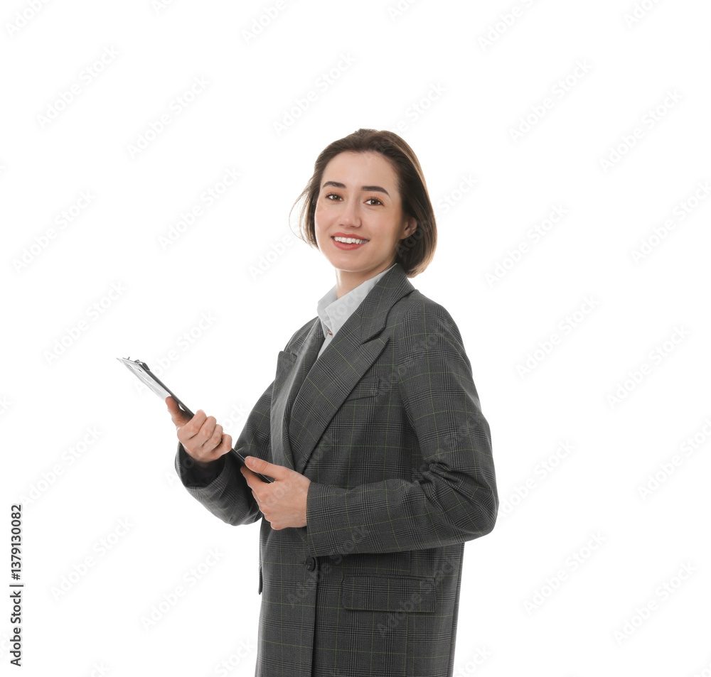 Portrait of young secretary with clipboard on white background Portrait of young secretary with clipboard on white background