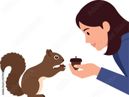 A woman smiling and feeding a cute brown squirrel with a cupcake in a flat vector illustration
