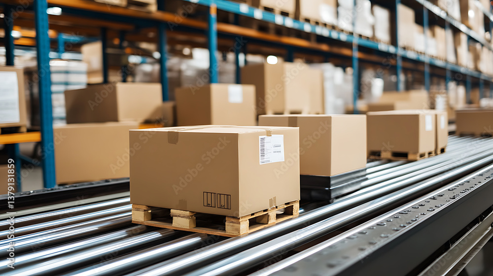 Boxes on a conveyor belt in an industrial warehouse Boxes on a conveyor belt in an industrial warehouse