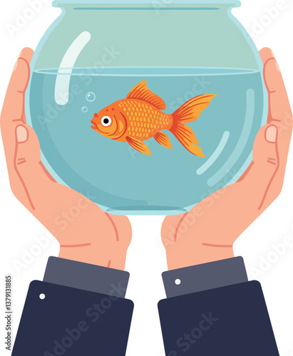 A pair of hands holding a transparent fishbowl with a goldfish in minimal vector art
