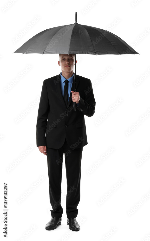 Man in suit with black umbrella on white background Man in suit with black umbrella on white background