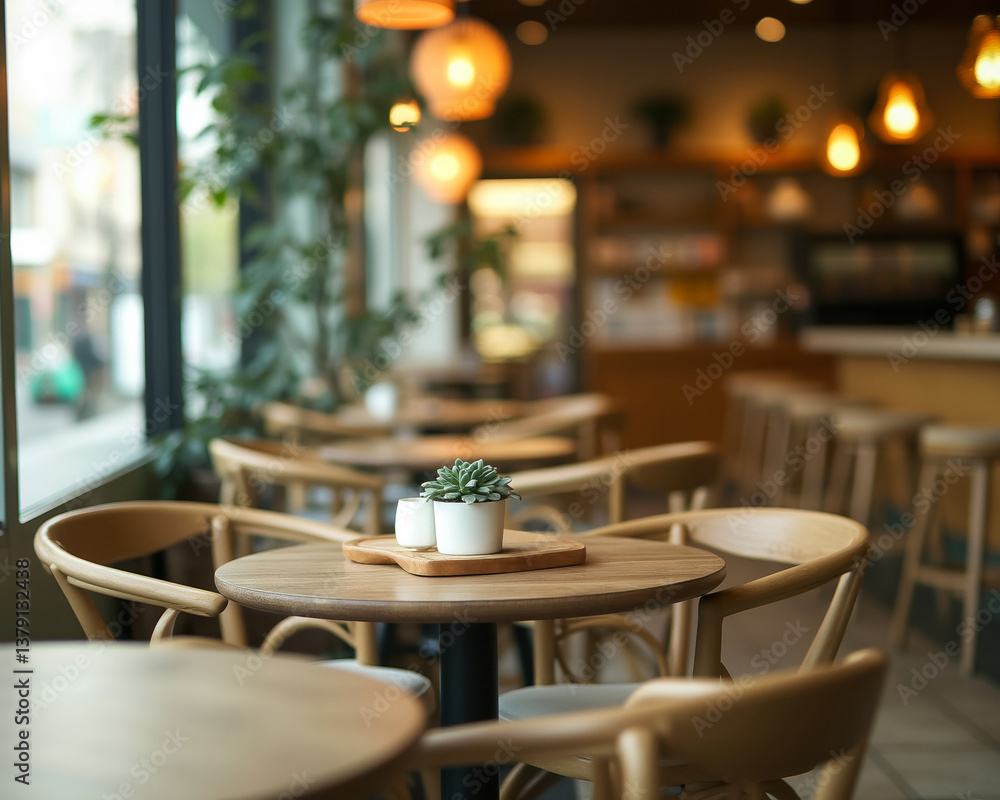 small succulent plant sits on a wooden table in a cafe's interior. small succulent plant sits on a wooden table in a cafe's interior.
