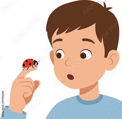 A boy observing a ladybug on his finger in a flat, colorful vector illustration