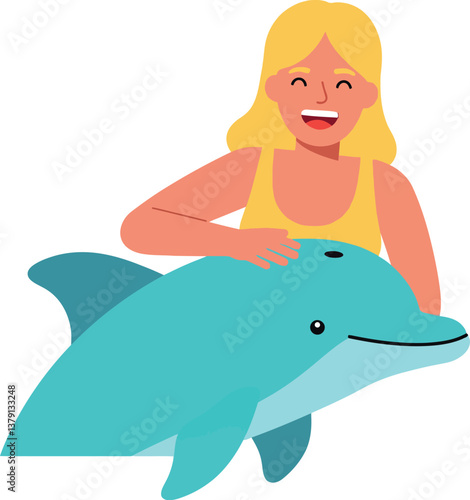 Girl happily interacting with dolphin in vibrant flat vector illustration