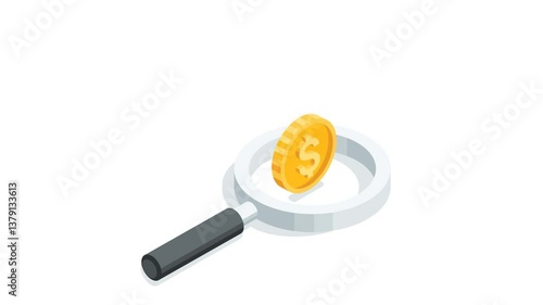 4k video with alpha channel in isometric style, magnifying glass and coin appear, search money for business