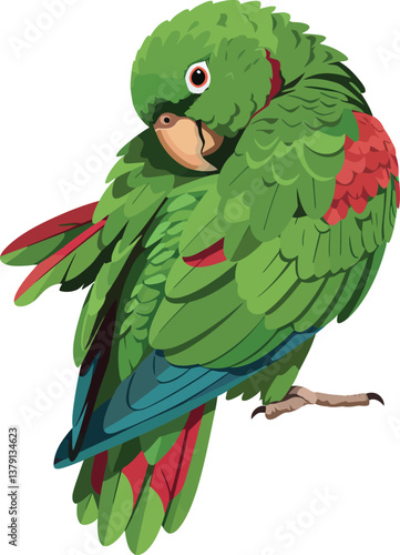 Colorful green parrot preening its feathers in a flat vector art style