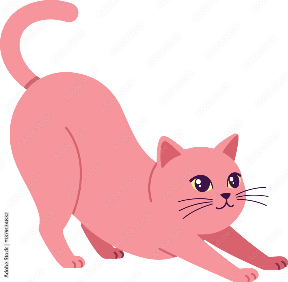 Playful pink cat stretching in a minimal flat design style vector illustration Playful pink cat stretching in a minimal flat design style vector illustration