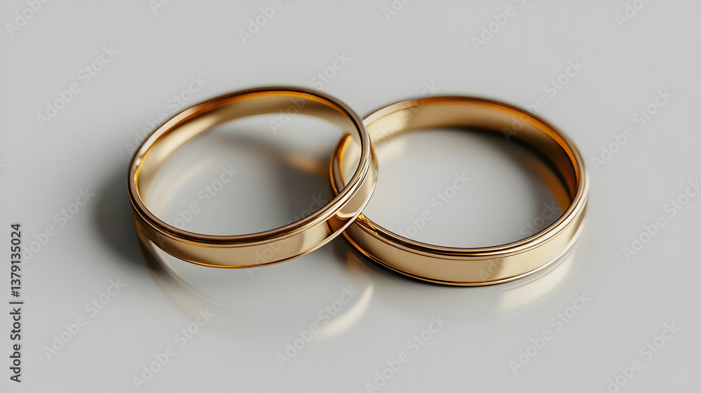 Close up of Two Golden Wedding Rings Linked Together on White Background Representing Union and Love Under Bright Studio Lighting Close up of Two Golden Wedding Rings Linked Together on White Background Representing Union and Love Under Bright Studio Lighting