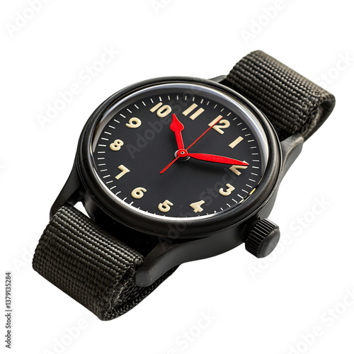 Durable Black Field Watch with Red Second Hand Isolated on Transparent Background