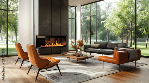 Brown leather chairs and grey sofa in room with fireplace  mid-century style home interior design of modern living room