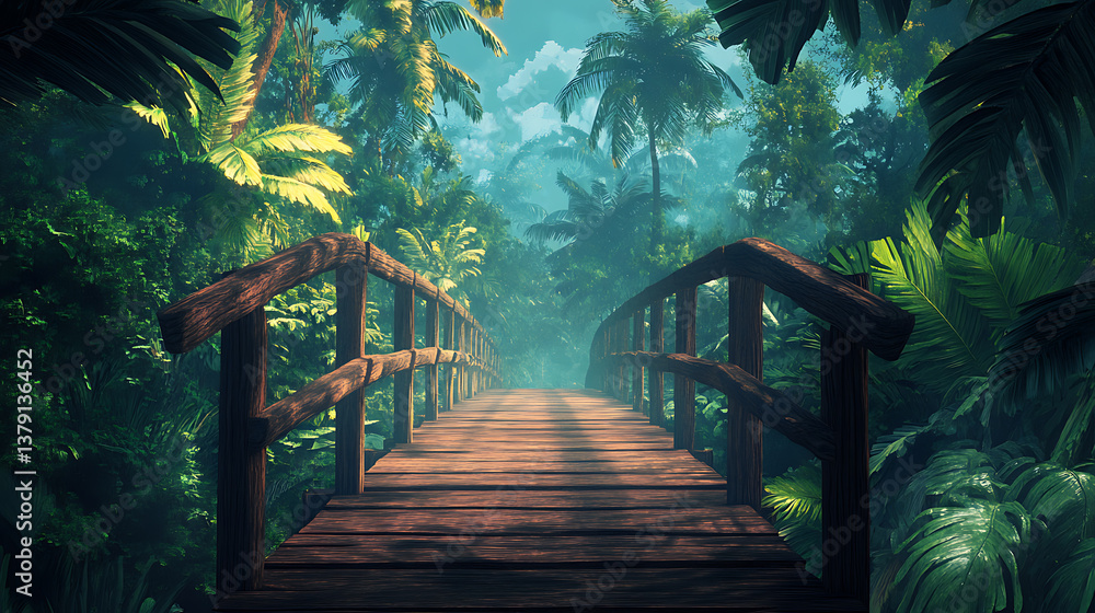 Fototapeta premium Wooden bridge in the jungle in the morning