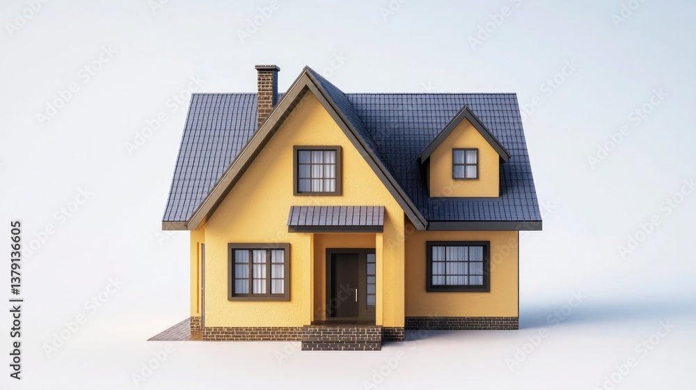 Rendering of a Yellow House with Blue Roof on White Background Rendering of a Yellow House with Blue Roof on White Background