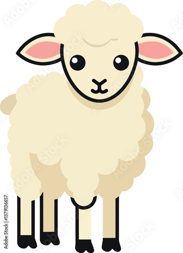 Cute fluffy sheep standing cheerfully in a playful flat vector illustration