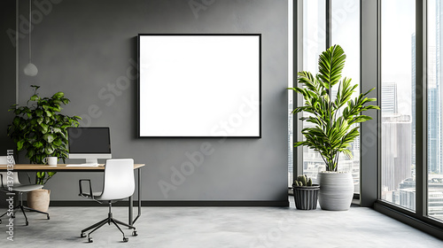 Business interior with chill area and workspace with computer  mockup frame