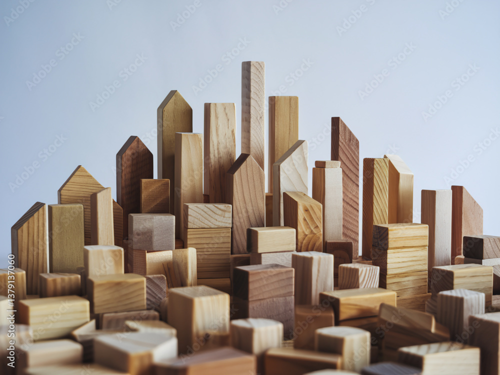 Wooden building blocks arranged in cityscape formation Wooden building blocks arranged in cityscape formation
