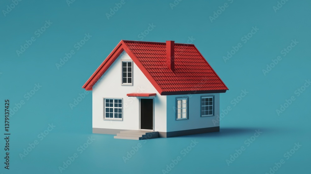 Rendered House Model with Red Roof on a Blue Background Rendered House Model with Red Roof on a Blue Background
