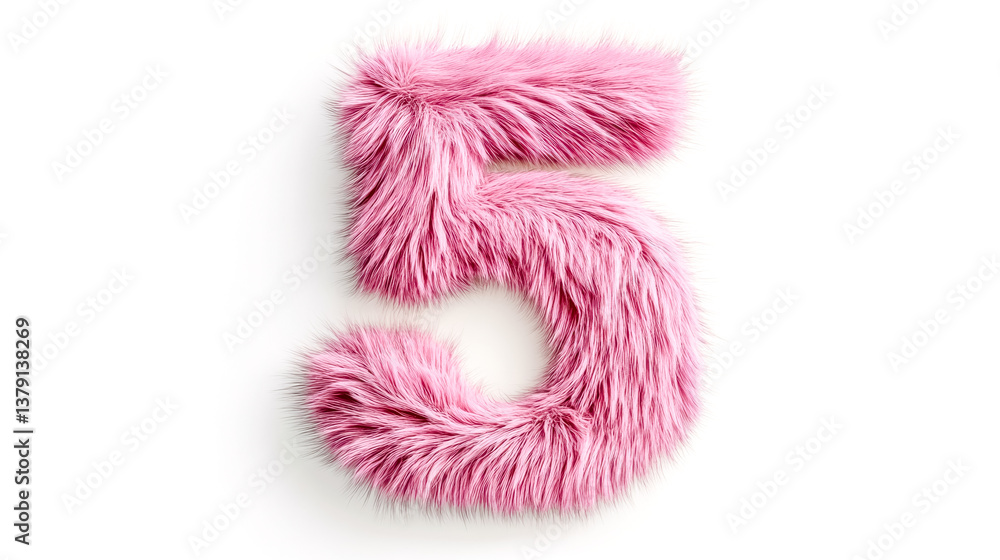 Pink fluffy number five on white background representing softness and luxury Pink fluffy number five on white background representing softness and luxury