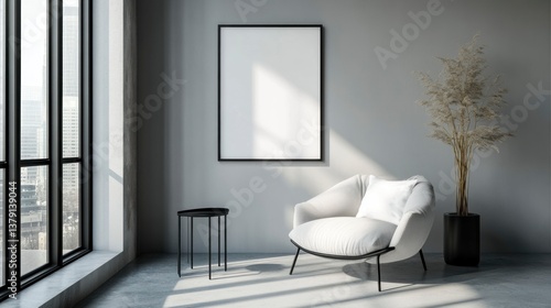 Minimalist Living Room Interior with Modern Furniture  City View  and Blank Frame