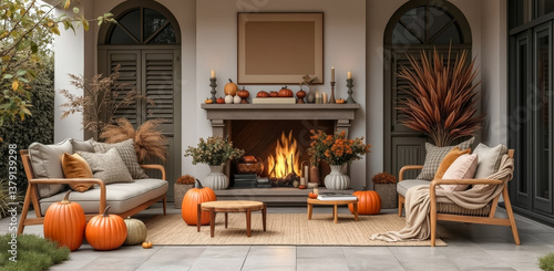 two wooden sofas with pumpkins around a fireplace creating a cozy autumn scene