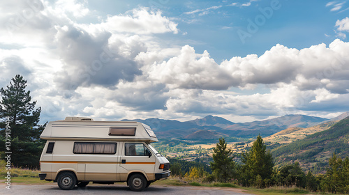 Camper van parked up overlooking a beautiful landscape view