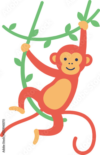 Cheerful monkey swinging from green vines in a playful, minimal vector illustration