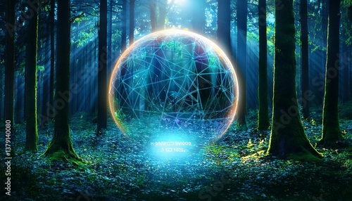 a glowing forest with a glowing sphere that says ai