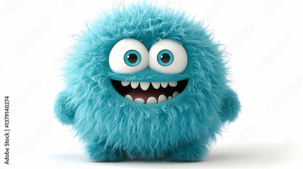 Obraz premium Cute Blue Fluffy Monster Character with Smiling Expression and White Background