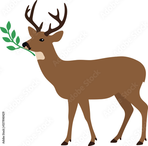 Brown deer standing gracefully with a leaf in its mouth in flat vector art