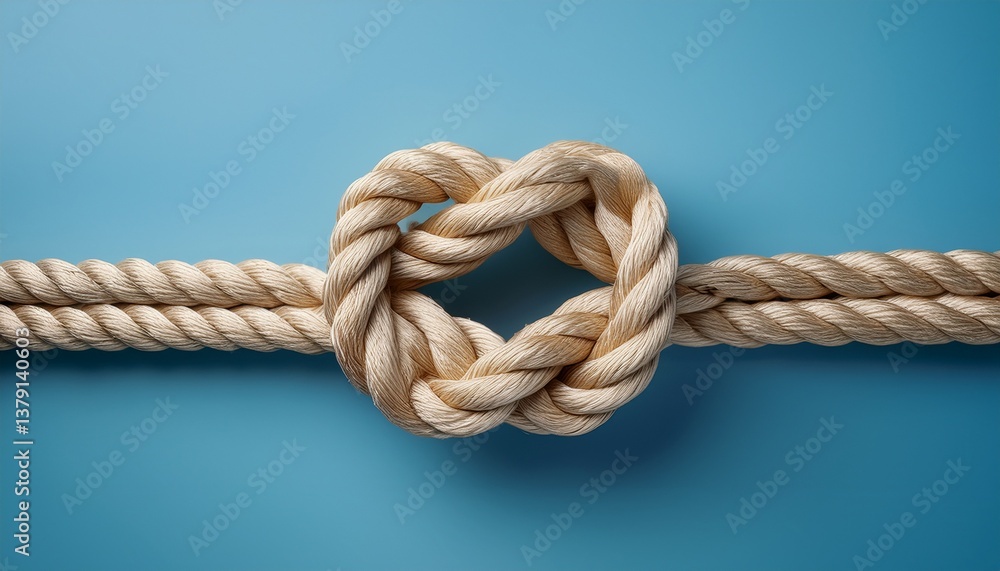 intricate knot tied in thick rope against a soft blue backdrop intricate knot tied in thick rope against a soft blue backdrop