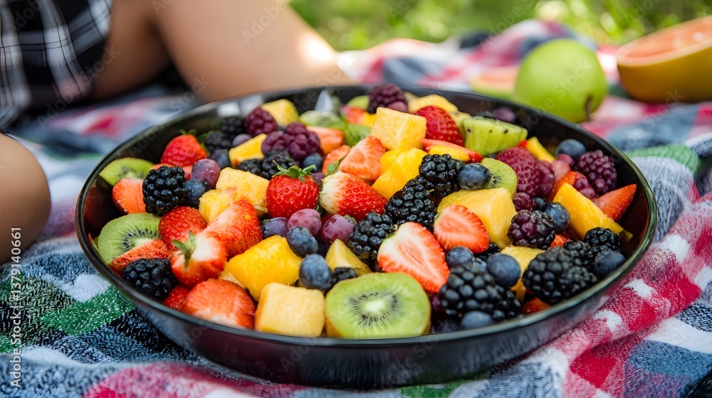 Large bowl of fresh mixed fruit salad on a picnic blanket in a park setting.
Large bowl of fresh mixed fruit salad on a picnic blanket in a park setting.