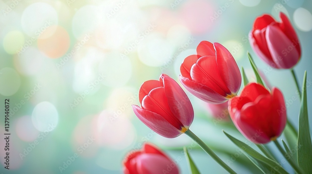Obraz premium Red Tulips Close Up in Vase with Bokeh Light Background