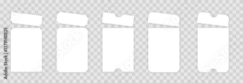 Vector set of torn blank tickets png. Cinema or theater tickets on isolated transparent background. Blank lottery ticket png.