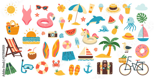 A collection of beach and pool items including a chair, a surfboard, a bicycle, a boat, a suitcase, a hat, a camera, a bottle, a cup, a bowl, a donut, a watermelon, a pineapple,