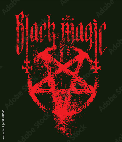 Vector illustration with bloody inverted pentagram and crosses and words black magic lettering in gothic font. Satanism symbol, occult witchcraft sign. T-shirt design, music cover, flyer, poster