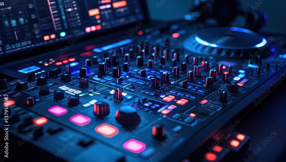 DJ equipment close-up. Detailed view of a professional DJ mixer and controllers, lit with vibrant colors DJ equipment close-up. Detailed view of a professional DJ mixer and controllers, lit with vibrant colors