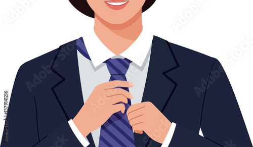 Business professional adjusting a purple tie in a minimal vector illustration
