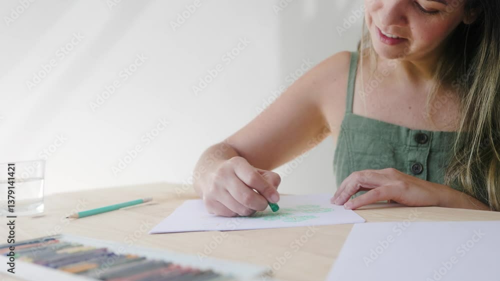 Mature woman painting drawings with crayon colors. Artist having fun at art school workshop. Creative business Mature woman painting drawings with crayon colors. Artist having fun at art school workshop. Creative business